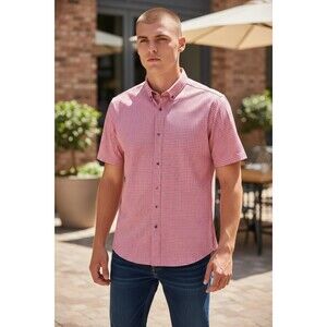 NWT Mizzen Main Leeward Shirt  Mens M Pink Geometric Performance Short Sleeve